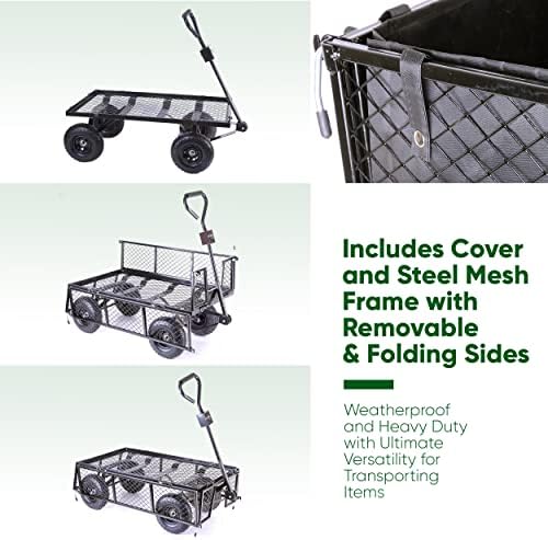 Garden TRAILER Cart Pull Along Trolley 350kg Heavy Duty Black Mesh Utility Gardeners Wagon with Removable Liner, Folding Sides, Pneumatic Tyres, Outdoor Cart for Gardening, Festivals, Camping
