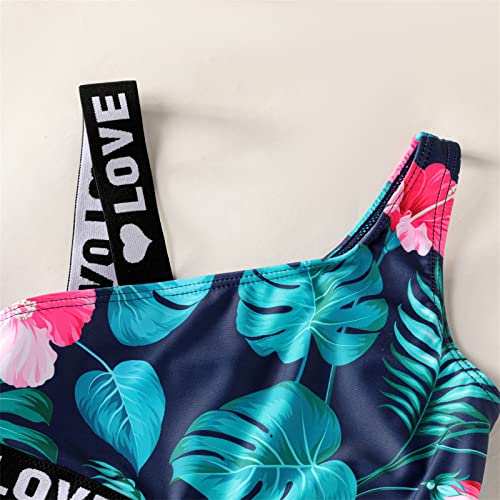 Patpat Girls One Piece Swimsuits Floral Pattern Swimwear Letter Print Spaghetti Strap Bathing Suit, Turquoise, 9-10 Years #TOP4