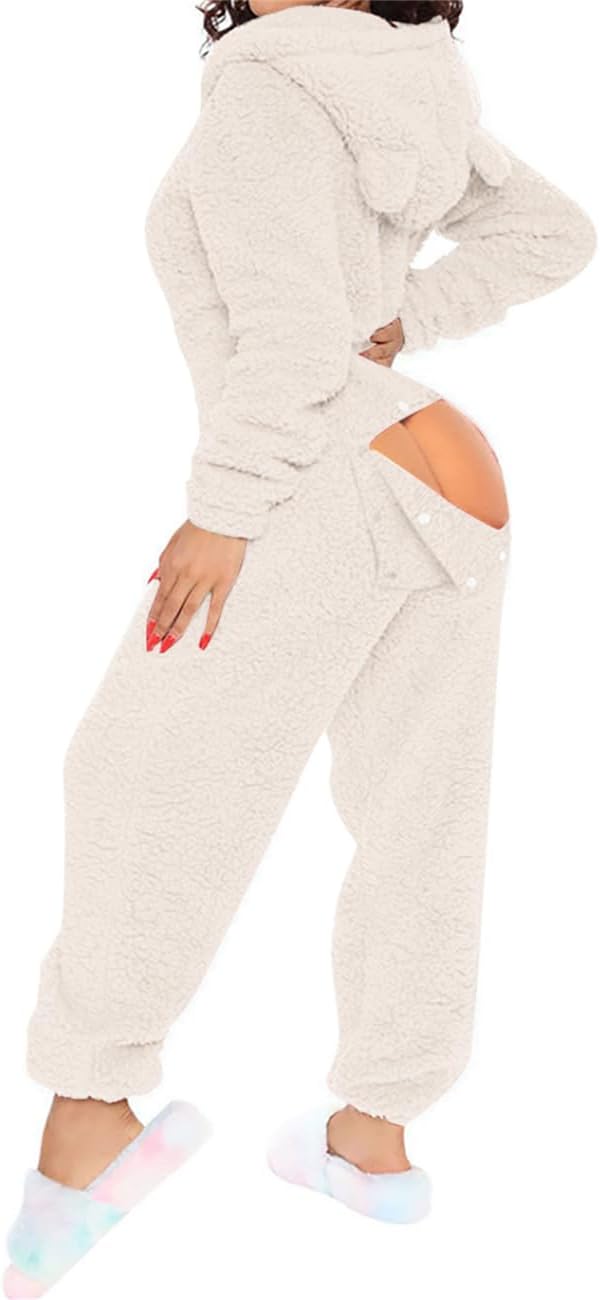 Women's Warm Fuzzy Fleece Hooded Romper Pant Playsuit Jumpsuit, Fleece Pants Pajama Set Sleepwear Jumpsuit (Cream White, S) - Image 2