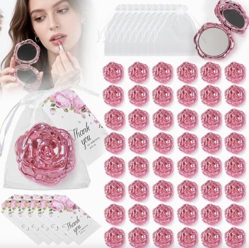 Sollkatte 50 Sets Rose Compact Mirror Bulk - Quinceanera Party Favors for Guests Wedding Favors Bridal Shower & Sweet 16 Gifts - Includes Organza Bags and Thank You Tags(Pink)