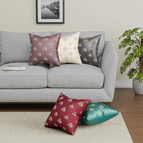 Image of Kuber Industries Polyester Cushion Cover 16 Inch x 16 Inch Set of 5 with Zip Closure | Decorative Throw Pillow Square Cushion Cover for Sofa Set, Bedroom and Living Room | Golden Tree - Multicolor