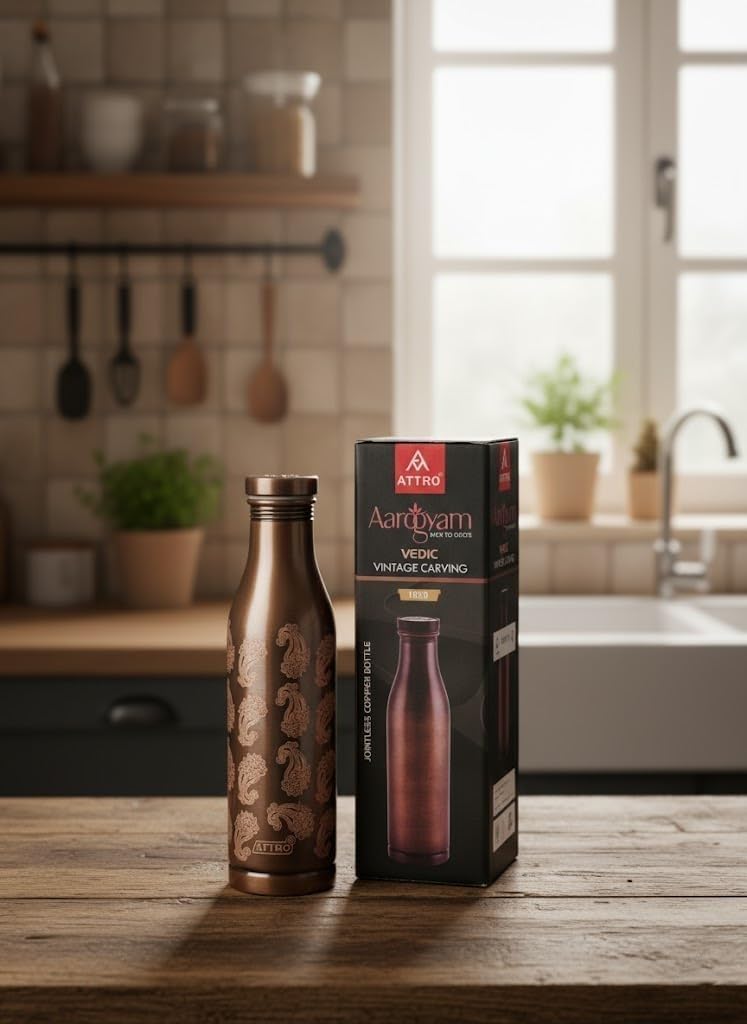 Attro-Vedic-Aarogyam Back To the Roots -1000 ML (1L)-Designer Joint-Less Copper Water Bottle (Vintage Carving)
