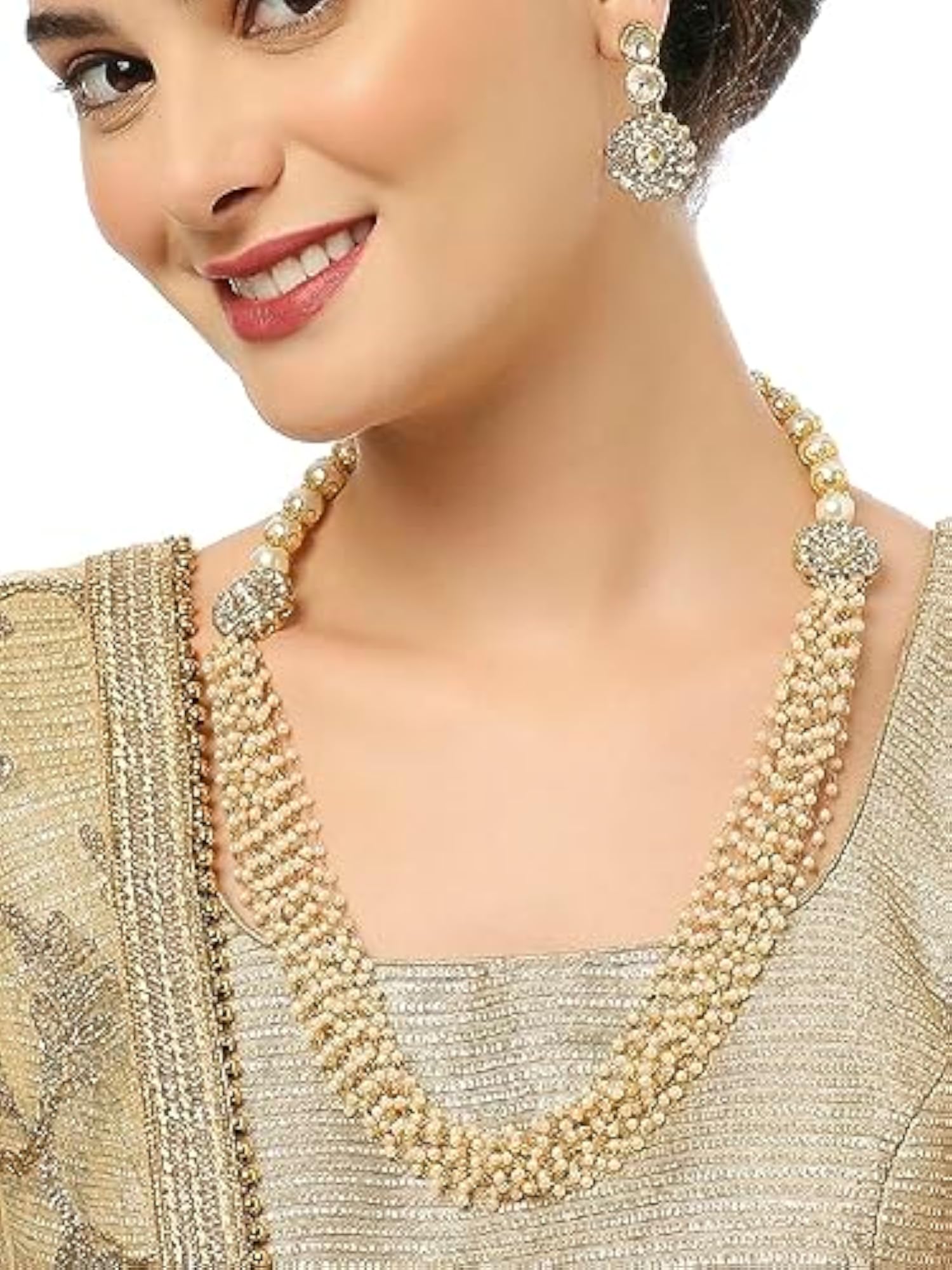 Women's Kundan Multi Layer Long Mala Necklace Set with Drop Earrings