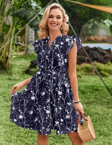 Image of HOTOUCH Women Printed Dress for Summer Short Ruffle Sleeve Dress Tiered Mini Dress with Pockets