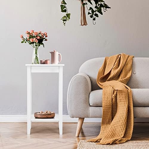 CASART Bedside Tables Set of 2, Wooden Slim Nightstand Sofa End Table with 2 Storage Shelves, Corner Narrow Tall Telephone Table Side Tea Desk for Living Room, Bedroom and Hallway, 40x30x74cm (White)