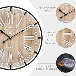 24 Inch Grand Farmhouse Wall Clock, Vintage-Inspired Wood & Metal Design with Large Etched Numbers, Silent Battery-Powered Timepiece for Offices, Kitchens, Bedrooms, and Living Rooms 24 Inch Grand Farmhouse Wall Clock Vintage Inspired Wood Metal Design with Large Etched Numbers Silent Battery Powered Timepiece for Offices Kitchens Bedrooms and Living Rooms