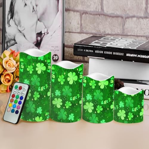 Image of Saint Patrick's Day Green Leaf Plastic Flameless Candles with Remote Control and Timer LED Flickering Battery Operated Color Changing Electric Pillar Candles St. Patrick's Day Decoration
