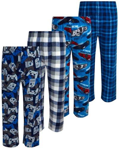 Mad Game Boys Pajama Pants - 4 Pack Soft Micro Polar Fleece PJ Bottoms for Kids Plaid Boys Sleepwear Size 5-18 Size 8/10 Video Games/Racecars/Plaid