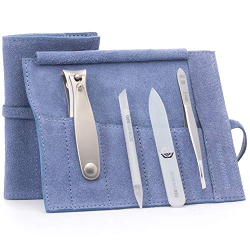 GERMANIKURE 4pc Mini Professional Manicure Set in Light Blue Suede Case - FINOX Stainless Steel Tools Made in Solingen Germany Glass Nail Care Supplies Made in Czech Republic