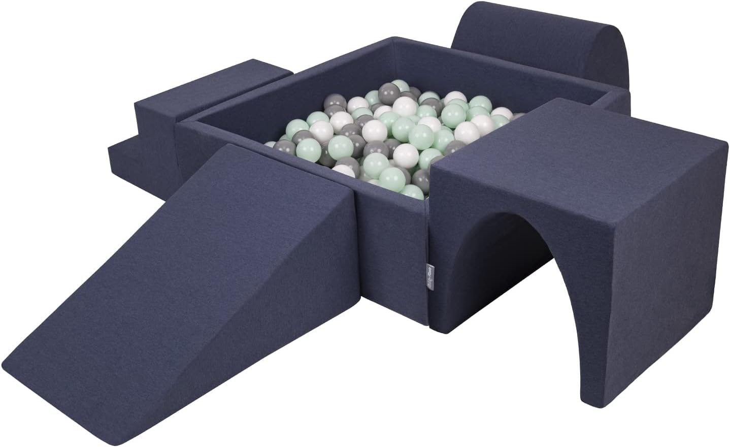 KiddyMoon Foam Playground For Kids With Square Ballpit (200 Balls ∅ 7Cm/2.75In) Soft Obstacles Course And Ball Pool Made In EU, Darkblue:White/Grey/Mint