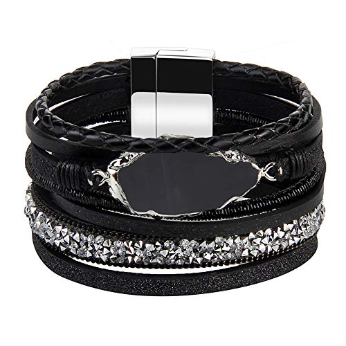 AZORA Leather Cuff Bracelet Multi Rope Wrap Bangle with Pearl Metallic Heart Cuffs Bracelets for Women Teen Girl Gift (Black-Cuff Bangle Bracelets)