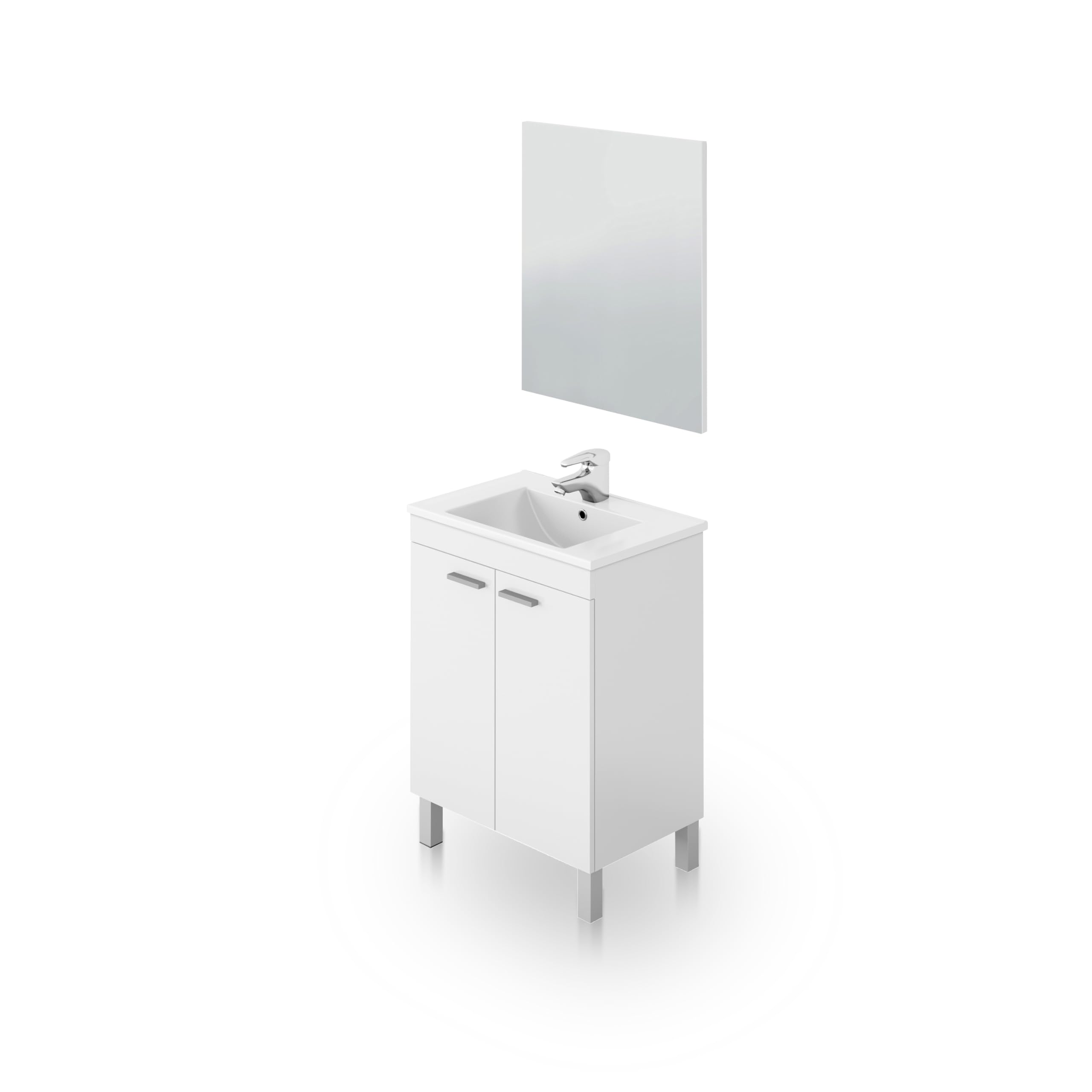duehome | Mueble de Baño con 2 Puertas y Espejo, Modulo Baño, Modelo Liz, Acabado en Blanco Brillo, Medidas: 60 cm (Ancho) x 80 cm (Alto) x 45 cm (Fondo)