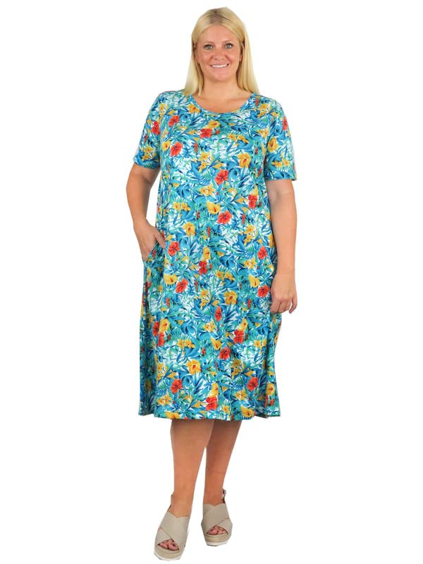 Image of LA CERA Women's 100% Cotton Floral A-Line Sun Dress with Side Pockets Midi | Scoop Neck | Short Sleeves | Side Pockets | Floral Print