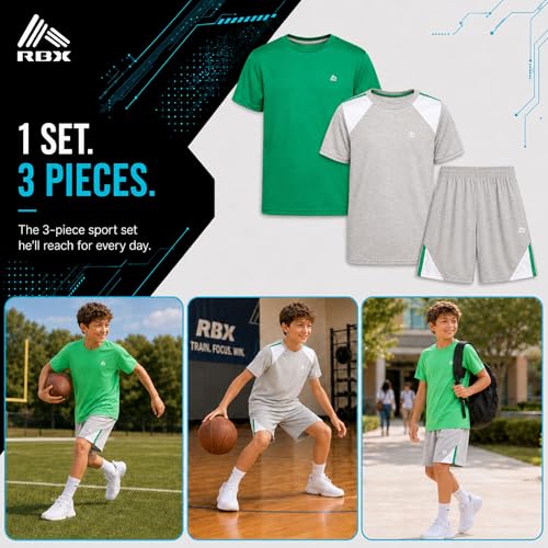 Image of RBX Boys Short Sets - 3 Piece Active Performance Short Sleeve Athletic Shirts and Gym Shorts With Elastic Waistband (4-12)