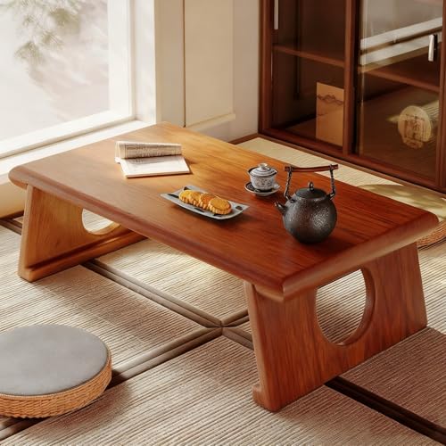 Genérico Mesa de Centro Rectangular de Estilo japonés - Mesa de Centro Plegable de Madera Maciza de Caucho con Doble Capa de Almacenamiento para Sala de Estar - Diseño de Cerezo Que Ahorra Espacio (A