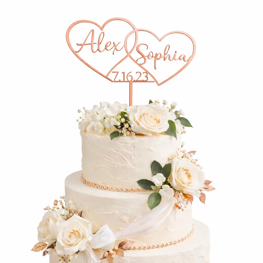 ZMR SHOP CRAFT Personalised Double Heart Wedding Cake Topper, 3mm Thickness MultiColored Acrylic Topper With Custom Names and Date, Part Decoration (Rose Gold)