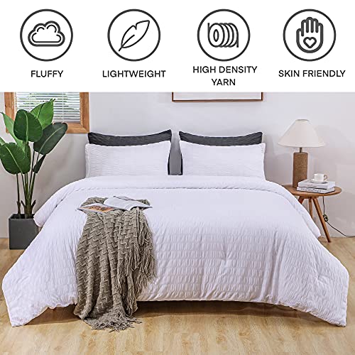 Avelom Seersucker Queen Comforter Set (90X90 Inches), 3 Pieces - 100% Soft Washed Microfiber Lightweight Comforter With 2 Pillowcases, All Season Down Alternative Comforter Set For Bedding, White #TOP1