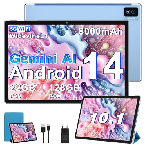 BIEGEDY Tablet Android Tablet 10 Pulgadas,22GB RAM + 128GB ROM (TF 1TB), 8000mAh / Octa Core 2.0 GHz/5G+2.4G Dual Band WiFi 6 /Widevine L1 / GMS / 5MP+8MP / BT5.0 / GPS, Tableta con Funda Azul