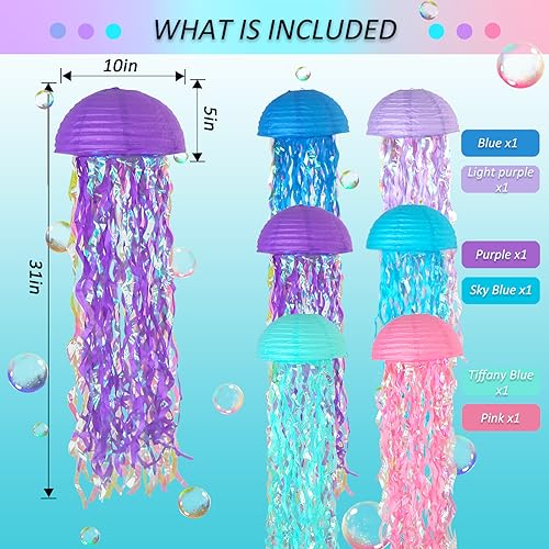 Image of 10 Inch Jellyfish Paper Lanterns 6 Pack, Hanging Decor for Under The Sea Party Decorations, Ocean Themed Birthday Supplies, Mermaid Baby Shower, Nautical Event and Classroom Decor