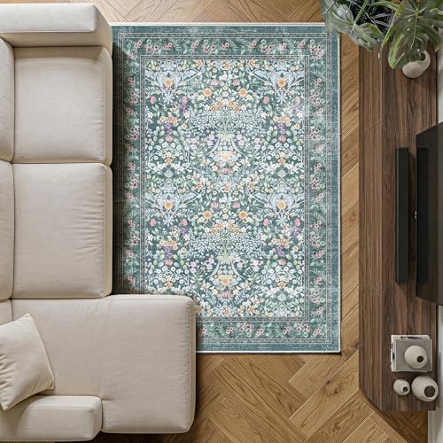 Image of Decoranddecor Floral Rugs Living Room, 120x170cm – Non-Slip, Stain Resistant, Pet Friendly, Vintage Oriental Style Bedroom Easy Clean Durable Carpet – Zafira
