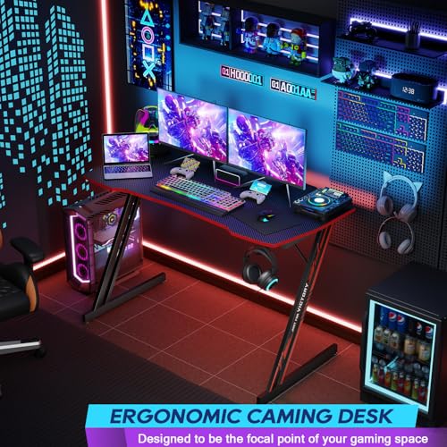 Image of BestOffice Gaming Desk Z Shaped 47 inch PC Computer Desk Computer Workstation Ergonomic Gaming Table with Headphone Hook for Game Players, Black&Red