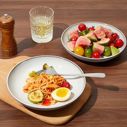 Image of Pokini 16 Piece Double Bowl Dinnerware Sets with Pasta Bowls, Highly Chip and Crack Resistant Plates and Bowls Sets, Natural Earthyware Ceramic Dishware Sets, Service for 4 Moonstone White