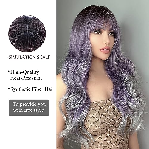 OUFEI Long Ombre Purple Wig With Bangs Natural Wavy Wigs for Women Natural Synthetic Hair Heat Resistant Wigs for Daily Party Cosplay Wear - Image 3