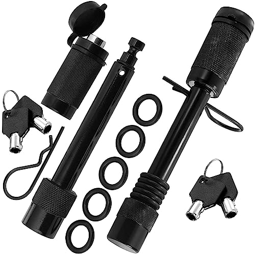 Motormic Trailer Hitch Lock Pin Set - 2pcs. 5/8' Extra Long Black Pins with 2 Locking Systems, 2 Safety Clips, 10 Anti Rattle O-Rings - Tow receivers 2' and 2.5 inch (Class III,IV,V)