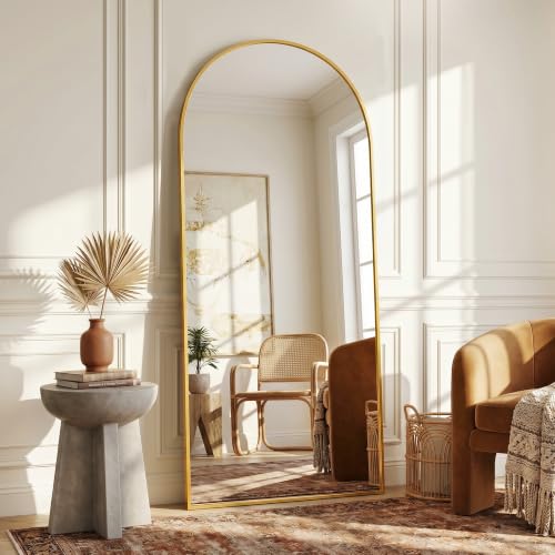 Image of Full Length Mirror, 71 inchx27 inch Arched Floor Mirror Freestanding, Floor Standing Full Body Mirror with Stand for Bedroom, Hanging Mounted for Living Room Cloakroom, Gold