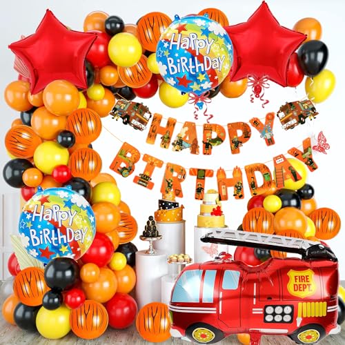 Image of Rozi Decoration Latex, Foil, Cardstock Fireman Theme Birthday Decoration Items For Girl, Boy, Kids Birthday Decor, Firefighter Fire Truck Theme Birthday Decorations Pack Of 73 Pieces, Multicolor