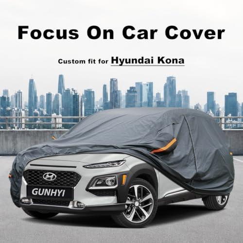 Image of GUNHYI Premium Car Cover Custom Fit Hyundai Kona, 16 Layers Heavy Duty Car Cover Waterproof All Weather with Zipper Door for Sun Rain Snow Dust Uv Protection