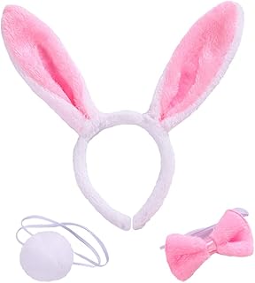 Diadema de Conejito, 3 PCS con Orejas de Conejo Orejas de Conejo de Pascua Color Blanco Rosa Conjunto de Colas Disfraz de Fiesta de Cosplay Accesorios de Peinado Para Niños Niñas Mujeres