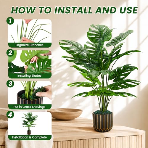 Image of Der Rose 28'' Fake Plants Tall Artificial Monstera Faux Plants Indoor Outdoor Tree for Living Room Home House Decor (Pack of 3)