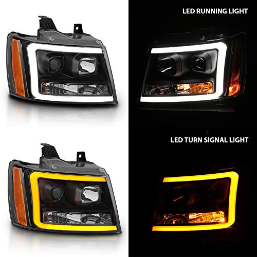 Amerilite 2007-2013 For Chevy Avalanche/Suburban/Tahoe Switchback Led, Halogen, Tube Projector Car Headlights Turn Siganl Replacement Pair, Vehicle Light Assembly, Black Projector Switchback Led Bar #TOP2