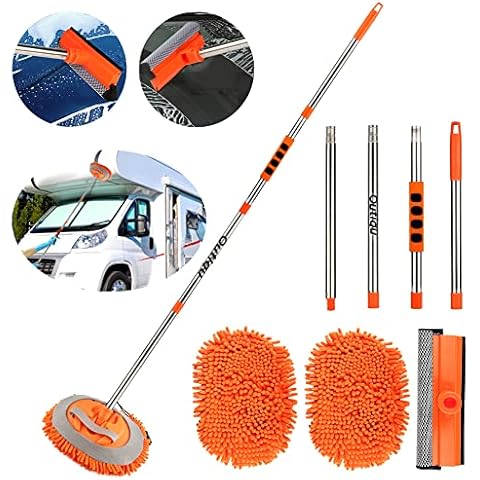62 Inch Car Wash Mop Mitt with Long Handle, 3 in 1 Chenille Microfiber Car Wash Brush Extension Pole, Scratch Cleaning Tool for Car, Truck, RV, Total 2 Pcs Mop Head and 1Pcs Drying Squeegee Sponge Cover