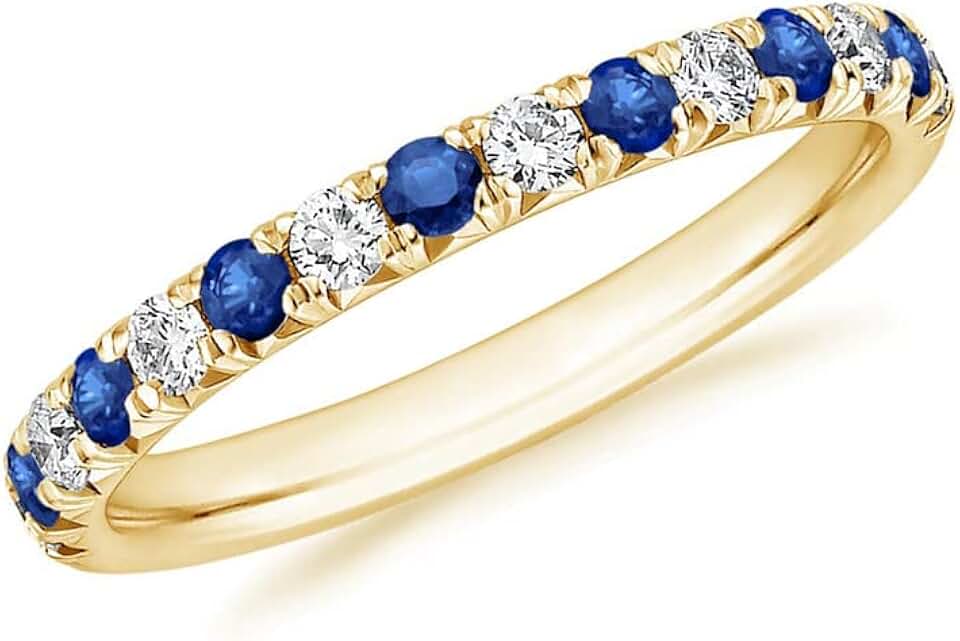 Handmade 2 mm Sapphire & White Diamond Half Eternity Wedding Band For Women, 14k Gold Finish Blue Sapphire Wedding Band, Ladies Alternate Diamond Ring
