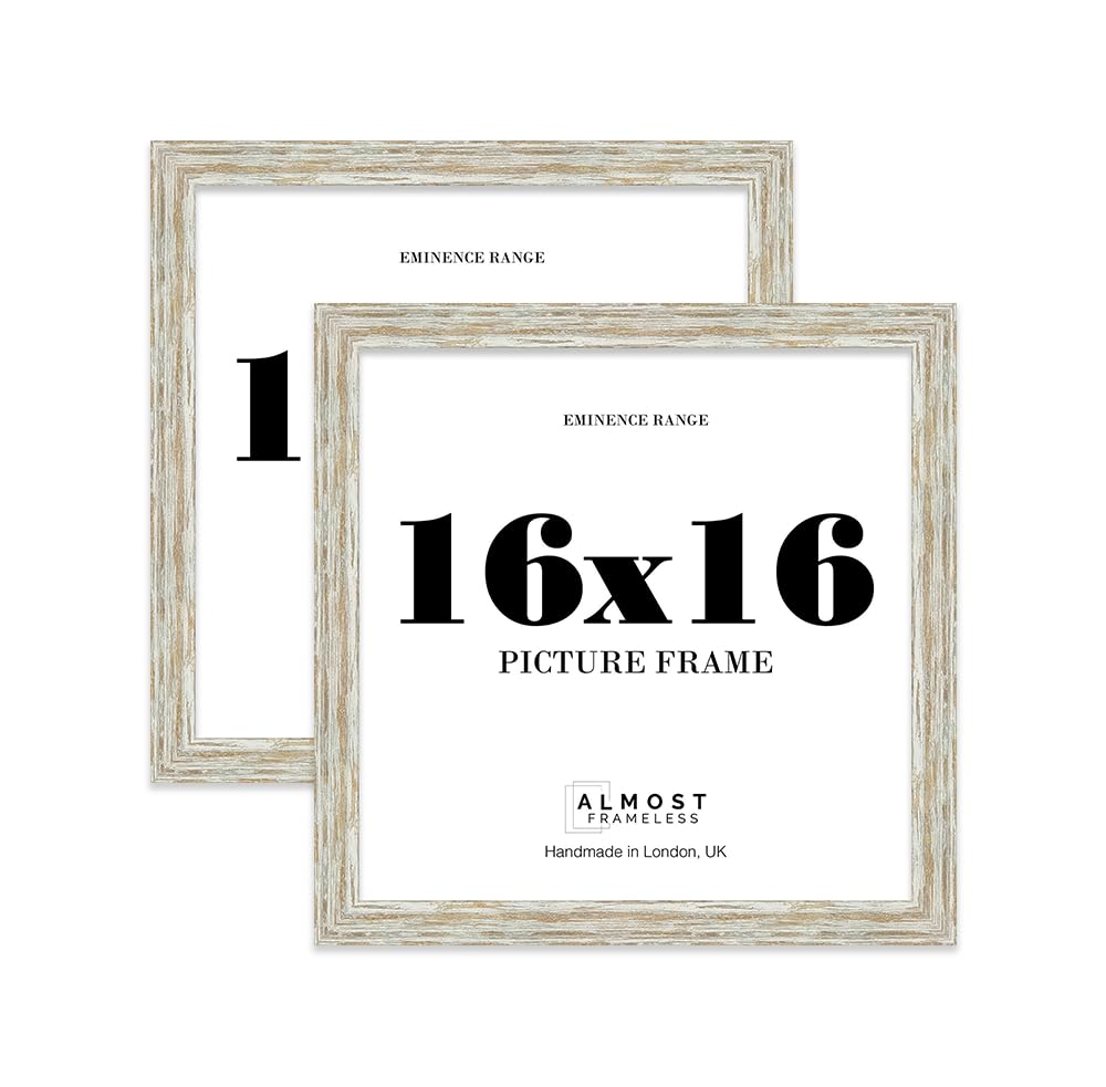 16x16" Distressed White Oak Picture Frame - Rustic Wood Industrial Effect Photo Frame for Wall Display, Ideal for Posters, Prints & Home Dรฉcor, Wall Hooks, 32mm Edge - 2 Pack โ image 1