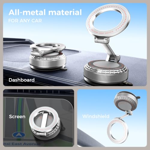 Image of Metal Magnetic Car Phone Holder, 360 Adjustable Magsafe Car Phone Mount, Vacuum Suction Cup Phone Holders for Your Car for iPhone 17-12 Pro Max Air Plus & Android (Silver)
