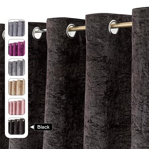 CHARKHAH Crushed Velvet Curtains for Bedroom Living Room Kitchens Ultra Soft and Graceful Fabric Pair of Fully Lined Prepared Blackout Curtain with Eyelet Ring Top (Black, 46" Wide x 54" Drop) - Image 3