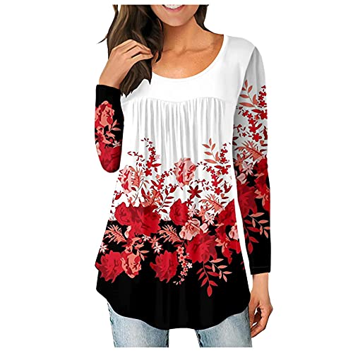 OutTop Women s Plus Size Tunic Tops Casual Loose Fitting Flowy Tshirts Ruched Botton Up Long Sleeve Blouses (#01-Red, XL)