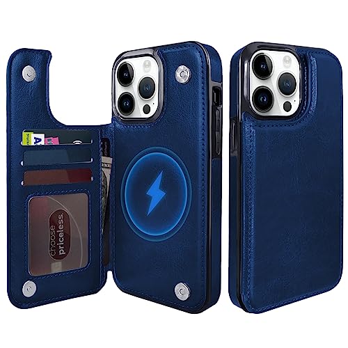 Étui en cuir bleu iPhone 14 Pro Max MagSafe avec rabat magnétique et support premium
