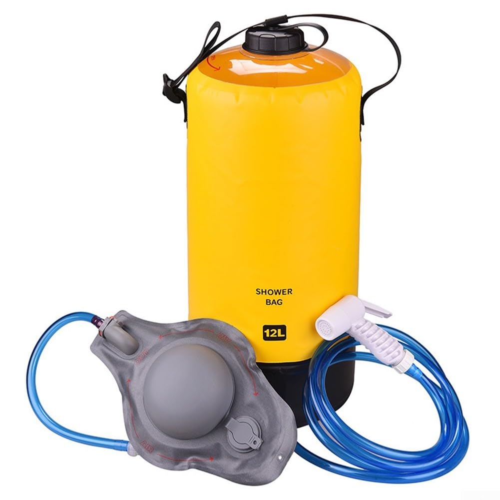 Bolsa de ducha portátil de camping de 12 L con bomba de pie, ducha plegable de PVC 500D para senderismo, playa, lavado de coche, manguera de 200 cm, kit de baño con calefacción solar