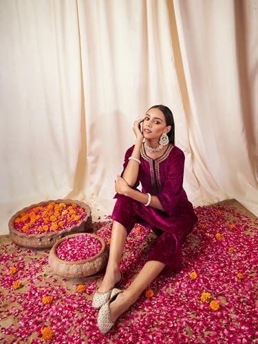 Image of Women's Velvet Floral Embroidered Straight Kurta | Round Neck Three-Quarter Sleeve Calf Length Kurti with Thread Work