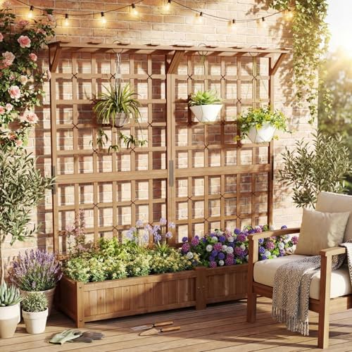 GOPLUS Pflanzkasten mit Rankgitter, Blumenkasten mit Spalier, Dachregal & Ablauflöchern, Hochbeet Holz mit Sichtschutz, Rankhilfe für Kletterpflanzen, Gartenbeet Pflanzkübel für Garten & Hof, Braun