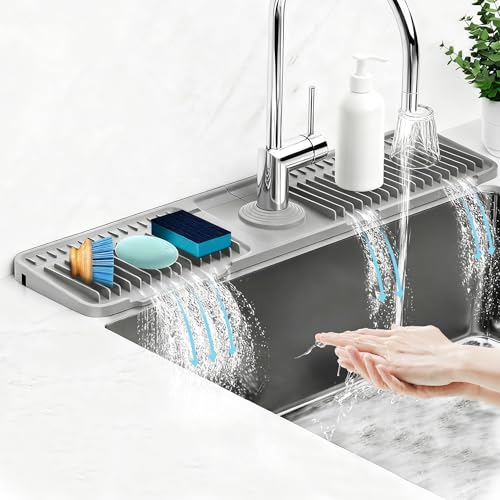 Silicone Faucet Mat for Kitchen Sink Splash Guard (24' x 5.5') - 7&deg; Incline, Quick Self-Draining...