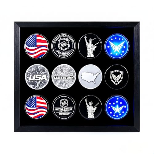 Wood Wall Mount Hockey Puck Display Case, Tempered Glass 98% UV Protection, 12 Slots NHL Puck Holder, Multi Storage Shelf Sports Memorabilia, Hockey Gifts for Men Fans Coach Birthday Home Decor