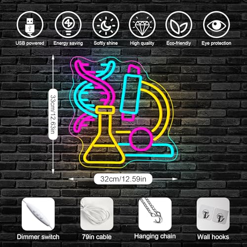 Image of Science Neon Sign Beaker LED Light Microscope Neon Signs For Classroom Science Lab Chemistry Class Laboratory Wall Decor Biology Teacher Student Gift 12.5 * 13 Inch