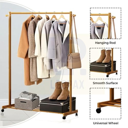 Image of LEOPAX Single Rail Bamboo Rolling Coat Rack with 2 Side Hook Garment Rack with Shoe Storage Shelves - Do It Yourself - Natural Color - Size - (70 x 38 x 145cm) - Bamboo Cloth Rack