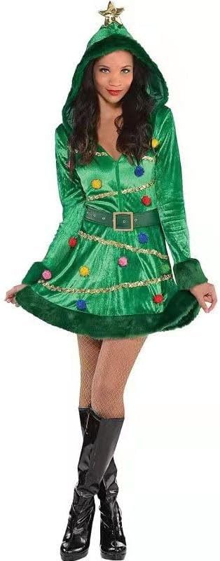 Womens Christmas Tree Dress Costume Trim Velvet xmas holiday casual