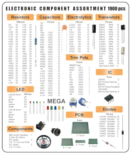 Image of Electrobot Mega Electronic Component Kit Assortment, Capacitors, Resistors, LED, Transistors, Diodes, 1n270 Germanium, DC Jacks, opamp, PCB, Speaker, 1900 pcs
